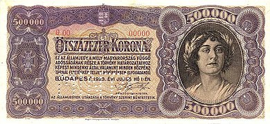Billet de banque de 500 000 couronnes hongroises pendant l'hyperinflation, type 1923