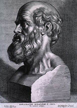 Hippocrates, 17th century engraving by Peter Paul Rubens of an antique bust Hippocrates rubens.jpg