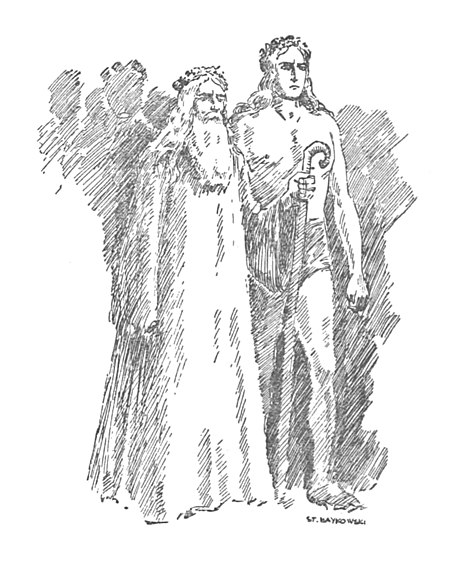 Szkic przedstawiający tłum ludzi z dwiema osobami na czele — starcem z laską w ręce oraz potężnym, młodym mężczyzną