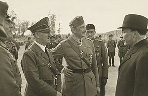 Wilhelm Keitel (left), Adolf Hitler, Carl Gustaf Emil Mannerheim, and President Risto Ryti in front of Hitler's private converted plane Hitler Mannerheim Ryti.jpg