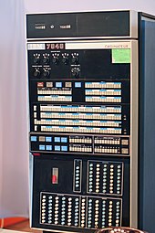 Front panel of an IBM 7040 computer on exhibit at the Musee de l'informatique IBM 7040 front panel.jpg