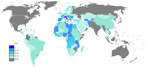 Процент посещаемости итальянского раздела по странам (2011 год)