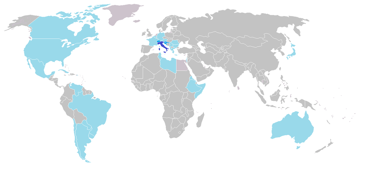 Map of the world with Italian speaking countries highlighted in blue, with Italy highlighted in dark blue