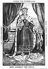 An 1832 political cartoon depicting two-term President Andrew Jackson as an autocratic king, with the constitution trampled beneath his feet King Andrew the First (political cartoon of President Andrew Jackson).jpg