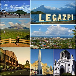 Clockwise from top right: JCI Legazpi Tourism Marker, View from The Oriental Legazpi, Cathedral of St. Gregory the Great, Battle of Legazpi Monument, Legazpi City Hall, Zip-line at Ligñon Hill, فرودگاه لگازپی