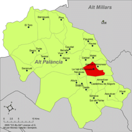 Localización de Vall de Almonacid respecto a la comarca del Alto Palancia