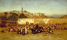 Tangier's population in 1956 included 40,000 Muslims, 31,000 Europeans and 15,000 Jews. Louis Comfort Tiffany - Market day outside the walls of Tangiers, Morocco.jpg