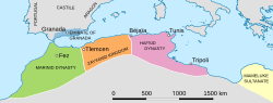 The Zayyanid kingdom of Tlemcen in the fifteenth century and its neighbors Maghreb 15th Century.svg