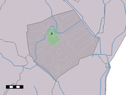 The town centre (dark green) and the statistical district (light green) of Buinen in the municipality of Borger-Odoorn.