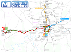 Mapa konturowa Charleroi, blisko centrum po prawej na dole znajduje się punkt z opisem „Charleroi-Sud”