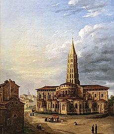 La basilique Saint-Sernin, vue du chevet, par Claire Arnoux  (vers 1845, musée du Vieux Toulouse).