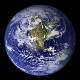 The Blue Marble, NASA; east more rain than west. N. Am. frm space.PNG