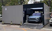 A battery swapping station operated by Nio NIO Power Battery Swap (cropped).jpg