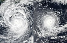 Due to the Coriolis force, low-pressure systems in the Northern hemisphere, like Typhoon Nanmadol (left), rotate counterclockwise, and in the Southern hemisphere, low-pressure systems like Cyclone Darian (right) rotate clockwise. Northern vs Southern hemisphere tropical cyclones.jpg