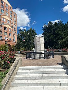 Only the pedestal base of the Christopher Columbus statue remains in Inner Harbor; on July 4, 2020, the statue was thrown into the harbor as part of the George Floyd protests. Pedestal base of Christopher Columbus statue 2.jpeg