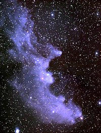 The Witch Head reflection nebula (IC2118), about 1000 light years from earth, is associated with the bright star Rigel in the constellation Orion. The nebula glows primarily by light reflected from Rigel, located just outside the top right corner of the image. Fine dust in the nebula reflects the light. The blue color is caused not only by Rigel's blue color but because the dust grains reflect blue light more efficiently than red.