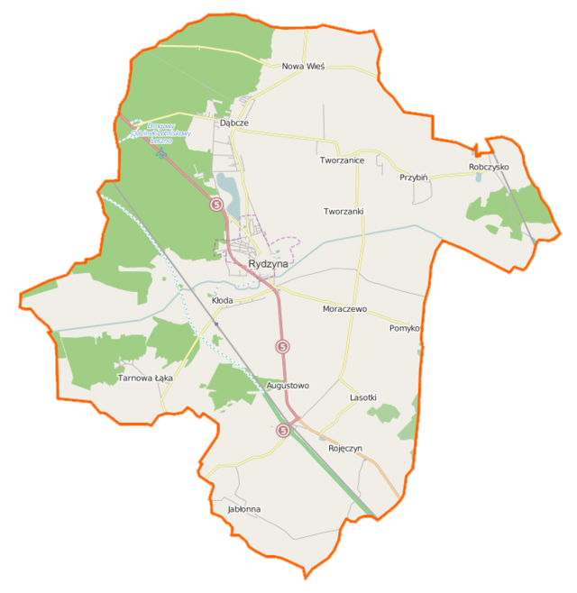 Mapa konturowa gminy Rydzyna, w centrum znajduje się punkt z opisem „Rydzyna”