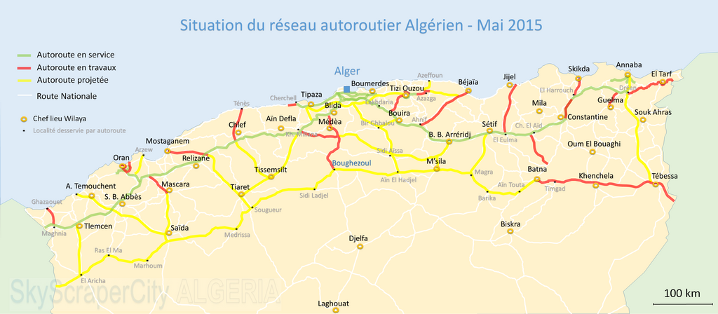Situation des tronçons d'autoroutes en service, en travaux ou projetés sur le réseau d'autoroute Algérien, mai 2015