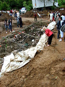 Delegates of the International Association of Genocide Scholars (IAGS) examine an exhumed mass grave of victims of the July 1995 Srebrenica massacre, outside the village of Potocari, Bosnia and Herzegovina. July 2007. Srebrenica Massacre - Mass Gravesite - Potocari 2007.jpg