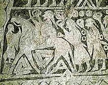 Panel from the Viking-Age picture stone Larbro Tangelgarda I, possibly showing a procession including ritual specialists carrying oath rings. Tangelgarda Odin.jpg