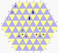 The white pawns can move to cells marked with green dots, or capture on red dots. The white pawn on f21[a] has no step straight forward, so advances one step at a time to promotion using its capture move, either moving or capturing. If the black pawn on g46 advances, the white pawn on e54 can capture it, for example: 1... e55 2. exf64 e.p.