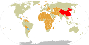 The map shows the One-China policy in practice.
.mw-parser-output .legend{page-break-inside:avoid;break-inside:avoid-column}.mw-parser-output .legend-color{display:inline-block;min-width:1.25em;height:1.25em;line-height:1.25;margin:1px 0;text-align:center;border:1px solid black;background-color:transparent;color:black}.mw-parser-output .legend-text{}
People's Republic of China (PRC)
States recognising PRC only
States recognising PRC with informal ROC relations
Republic of China (ROC)
States recognising ROC only
States with no reported position at present Two Chinas.svg