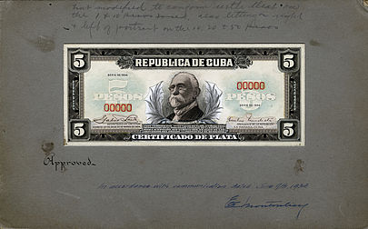 BEP progress proof for a 1934 Cuban 5 peso silver certificate.