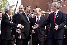 Putin with Junichiro Koizumi, Jacques Chirac, Gerhard Schroder, George W. Bush and other state leaders in Moscow during the Victory Day parade, 9 May 2005 Victory Day Parade 2005-26.jpg