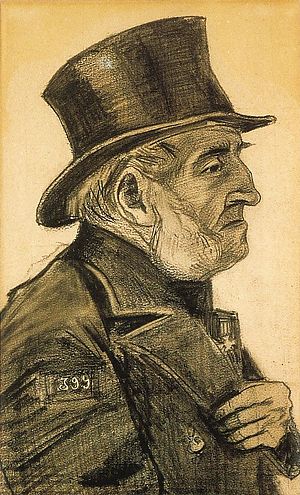 A profile portrait of an elderly man with prominent white whiskers wearing a top hat.