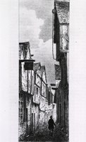 The First Water Lane in York in 1844 with a man walking down the lane, between rows of closely built houses.
