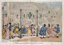 Passersby marvel at new gaslighting (London, 1809) A Peep at the Gas Lights in Pall Mall Rowlandson 1809.jpg