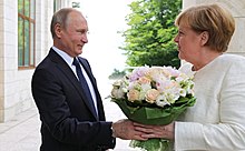 Putin held a meeting in Sochi with German chancellor Angela Merkel to discuss Nord Stream 2 natural gas pipeline in May 2018. Angela Merkel and Vladimir Putin (2018-05-18) 01.jpg