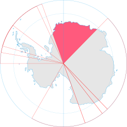 Kartta, johon on merkitty sektoreittain eri valtioiden aluevaatimukset. Norjan aluevaatimus sijaitsee Pohjois-Etelämantereella.