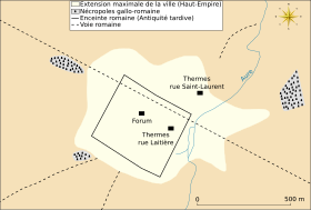 Plan montrant les murailles, les deux thermes et les nécropoles de la ville à l'époque romaine