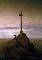 The Cross Beside The Baltic (1815), 45 × 33.5 cm. Schloss Charlottenburg, Berlin. This painting marked a move away by Friedrich from depictions in broad daylight, and a return to nocturnal scenes, twilight and a deeper poignancy of mood.[99]