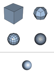 立方体的Catmull-Clark子分的最初三步和子分曲面