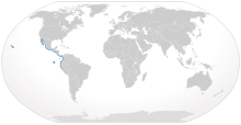 一張世界地圖，其中夏威夷群島、加拉帕戈斯群島以及自下加利福尼亞灣到秘魯的海域被塗成了天藍色