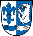 Gemeinde Ruderting Gespalten von Silber und Blau; über einem durchgehenden Wellenbalken in verwechselten Farben vorne eine blaue heraldische Lilie, hinten ein silberner Wolfsrumpf.