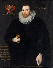 A three-quarter portrait of a white man, dressed entirely in black with a white lace ruff. He has brown hair, a short beard and moustache, and a neutral expression. Latin text surrounds the image.