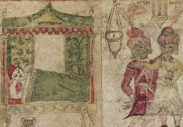 דימוי של בגתן ותרש זוממים את הריגת אחשוורוש, מתוך מגילת אסתר מאויירת שנוצרה בעיר פרארה שבאיטליה בשנת 1617. מאוספי הספרייה הלאומית