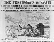 One in a series of posters attacking Radical Republicans on the issue of black suffrage, issued during the Pennsylvania gubernatorial election of 1866 Freedman's bureau.jpg