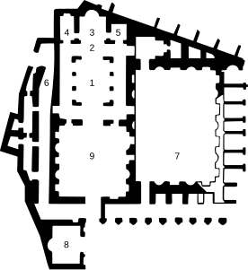 Santa Maria Antiqua, grundplan. (1) mittskepp (2) presbyterium (3) absid (4) Theodotus kapell (5) De heliga läkarnas kapell (6) trappa till Palatinen (7) Augustus tempel (8) Oratorio dei Quaranta Martiri (9) atrium.