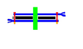 this is a top view of the hammer assembly. note the central spine is the black rectangle. the hammers are in blue. note the bolts that run through the spine and attach the hammers to eachother and the spine. the PVC pipe is represented by the green rectangle and goes through all three parts.]]