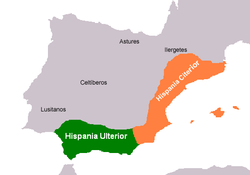 Hispania citeriorin (oranssilla) ja Hispania ulteriorin (vihreällä) provinssien alueet vuonna 197 eaa.