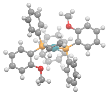 L'estructura de [Rh(DIPAMP)(cod)]+, un precatalitzador per a la hidrogenació asimètrica.[10]