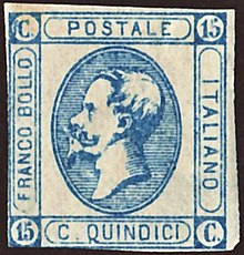 An 1863 stamp of the Kingdom of Italy depicting the profile of King Victor Emanuel II and the inscription "Postale italiano". ITA 1863 MiNr0015II mt B002.jpg