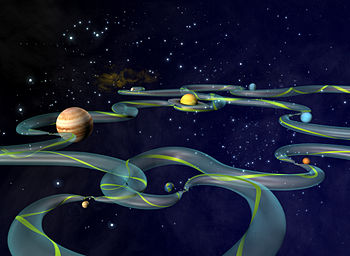 Artist's concept of the Interplanetary Transport Network. The green ribbon represents one possible path from among the infinite number possible within the larger bounding tube. Constricted areas represent locations of Lagrange points. Credit NASA