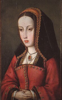 A lady with a long, thin face wearing red robes and a hood in the style of a nun.