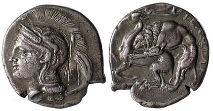 Silver coin from Velia, circa 280 BC, with Athena on the obverse, and a lion devouring a stag on the reverse