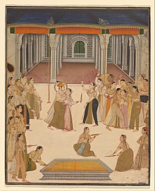 The Mughal Indian emperor Jahangir celebrating Holi with ladies of the zenana. Lucknow, Uttar Pradesh, India - The emperor Jahangir celebrating the Festival of Holi with the ladies of the zenana - Google Art Project.jpg